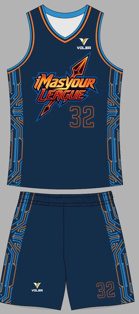 Tampak depan jersey dan celana iMasyour League Navy Edition dengan logo Voler
