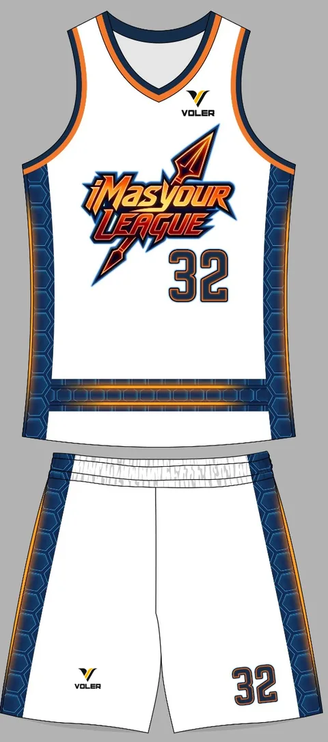 Tampak depan jersey dan celana iMasyour League White Hex-Light Edition dengan logo Voler